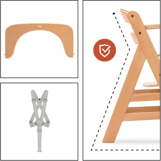 Houten babyset en grijze veiligheidsharnas voor kinderstoel. Afmetingen en veiligheidssymbool.