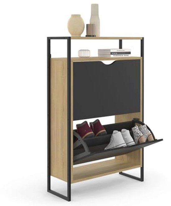 Schoenenkast 108.5x24x100 Cm - Met 4 Deuren - Metal Constructie Bovenste Plank Mdf Natuur