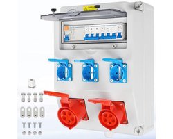 Wandverdeler met Schuko en CEE Stopcontacten voor Bouwstroom, Waterdichte Stroomverdeler met FI-schakelaar