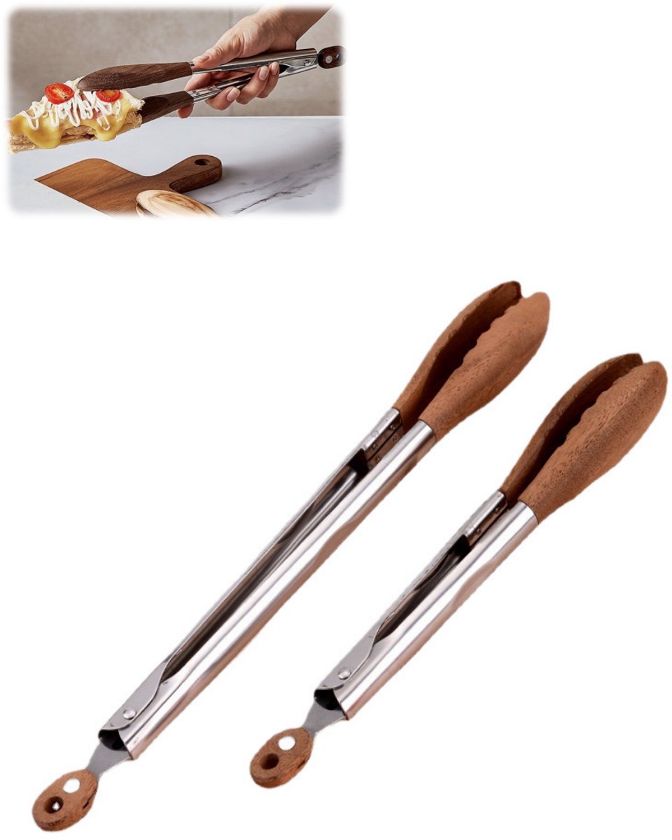 2 stuks - Voedseltang - Walnotenhout - BBQ-tang - Barbecuetang - Roestvrij staal - Geschikt voor keuken en barbecue - 23 cm + 30 cm - Natuurlijke houtafwerking