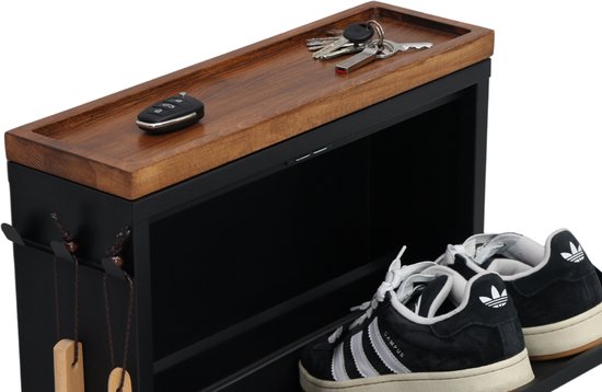 Furni24 Armoire à chaussures avec accessoires, noir, 2 portes, 50x15x70,5 cm, finition en bois de Beuk foncé