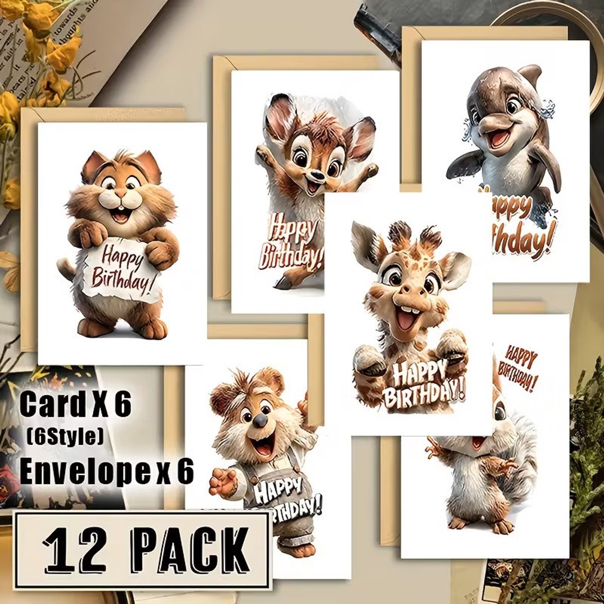 6x Happy Birthday Wenskaarten met Enveloppen – Schattige Dieren Kaarten Set (Dolfijn, Giraffe, Beer, Muis, Eekhoorn) – Verjaardagskaarten voor Kinderen en Volwassenen – Luxe Kaarten voor Familie, Vrienden en Collega’s”