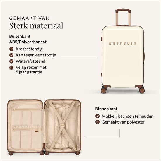 Valise blanc cassé en ABS/polycarbonate avec des détails marron, ouverte pour montrer l'intérieur.