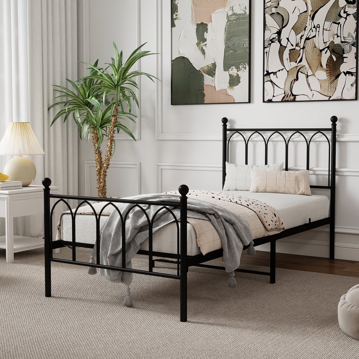 Wishdor Metalen eenpersoonsbed 90x200 cm zwart met stevige stalen lattenbodem en grote opbergruimte onder het bed, zonder matras