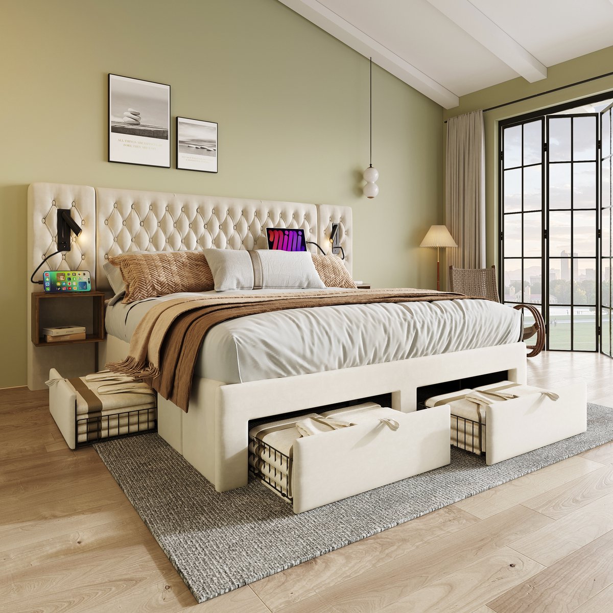 Wishdor Complete Bedset 160x200 cm - 2 Nachtkastjes & 4 Lades - Leeslampen & USB/Type-C - 