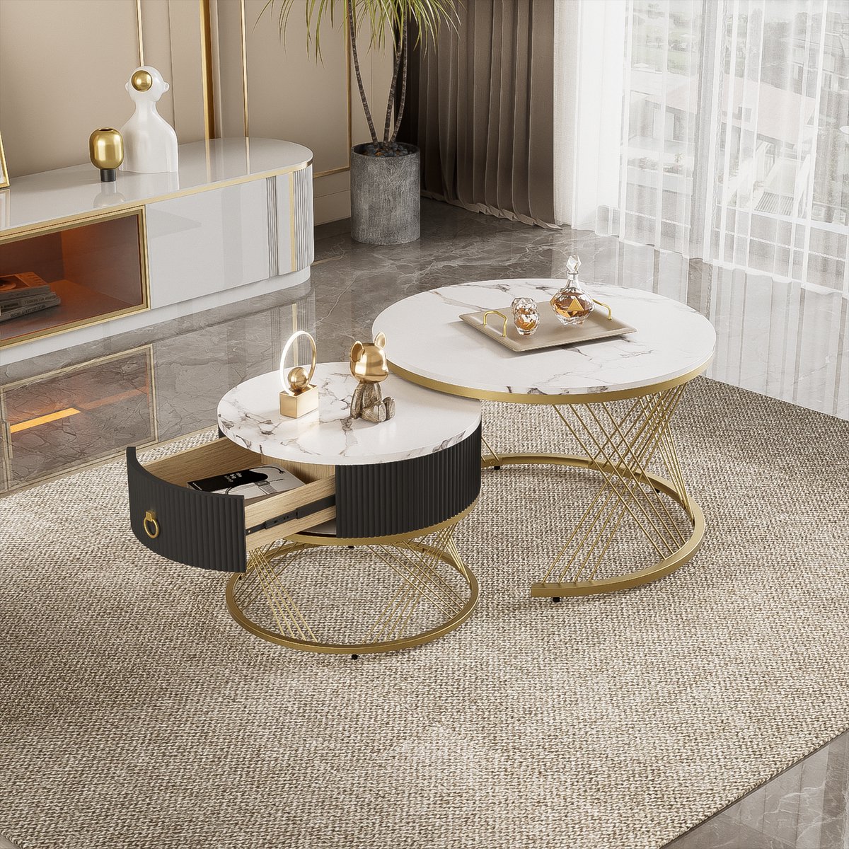 Wishdor Nestbare salontafels 2‑delig – marmerlook wit met goudaccenten, MDF, lade, verstelbare metalen poten, modulair