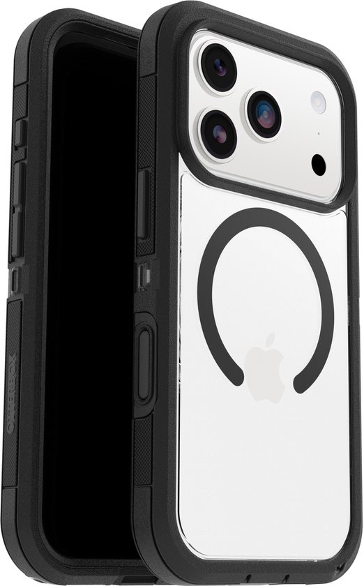 Zwart Otterbox Defender Pro hoesje voor iPhone 17 Pro, met doorschijnende achterkant en MagSafe cirkel.