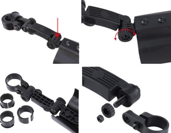 Gedetailleerde weergave van de montage van de fietsspatborden, met schroeven en adapters.