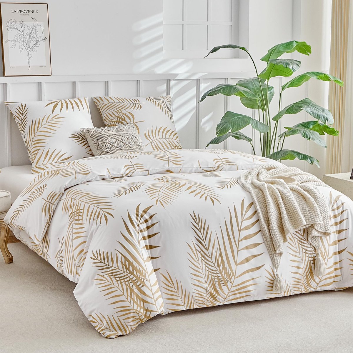 Unyqoos Elegante witte dekbedovertrekset met gouden palmbladmotief en ritssluiting Wit En Goud