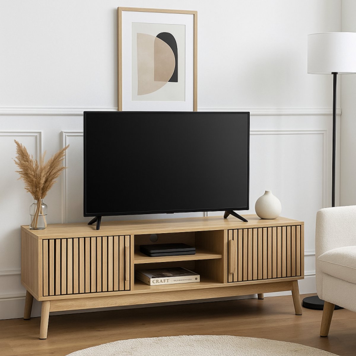 CASA DI ELTURO TV-Meubel Bergen Oak – 117 cm – Bruin – Houtfineer – Met Deurtjes & Opbergvakken – Scandinavisch Design