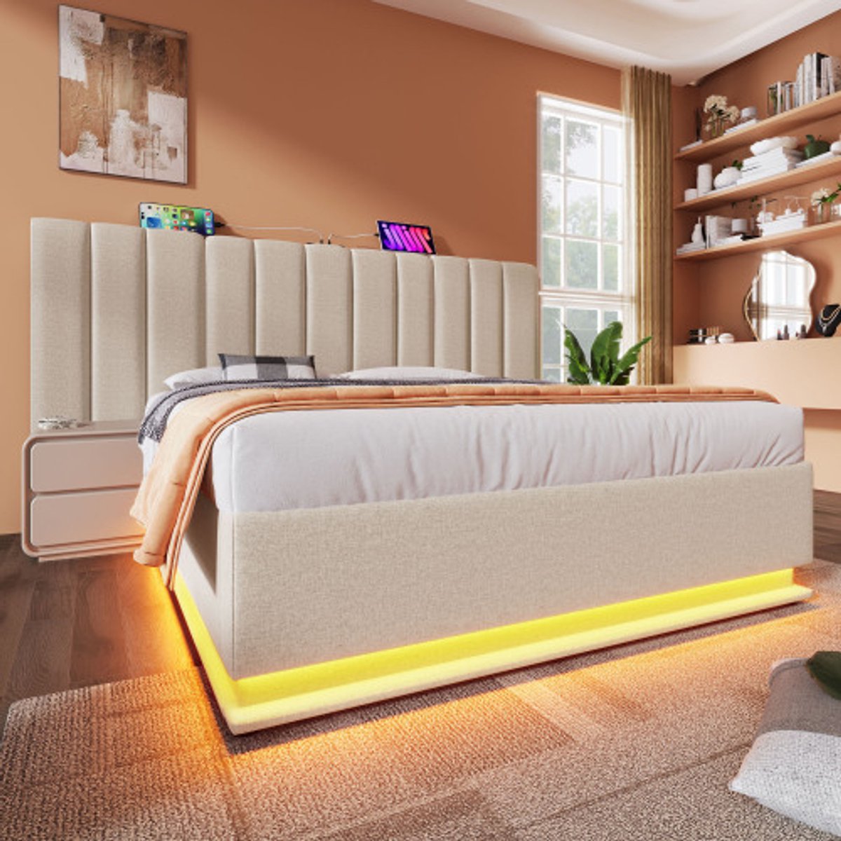 Gutent Gestoffeerd bed 180x200 cm-tweepersoonsbed met opbergruimte-bedframe met lattenbodem-linnen-beige-zonder matras en nachtkastje