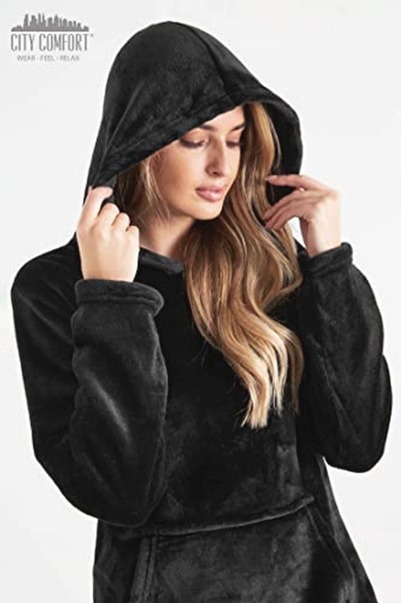 Fleece Pyjama met Capuchon voor Dames en Tieners - Cozy Loungewear Set in Zwart