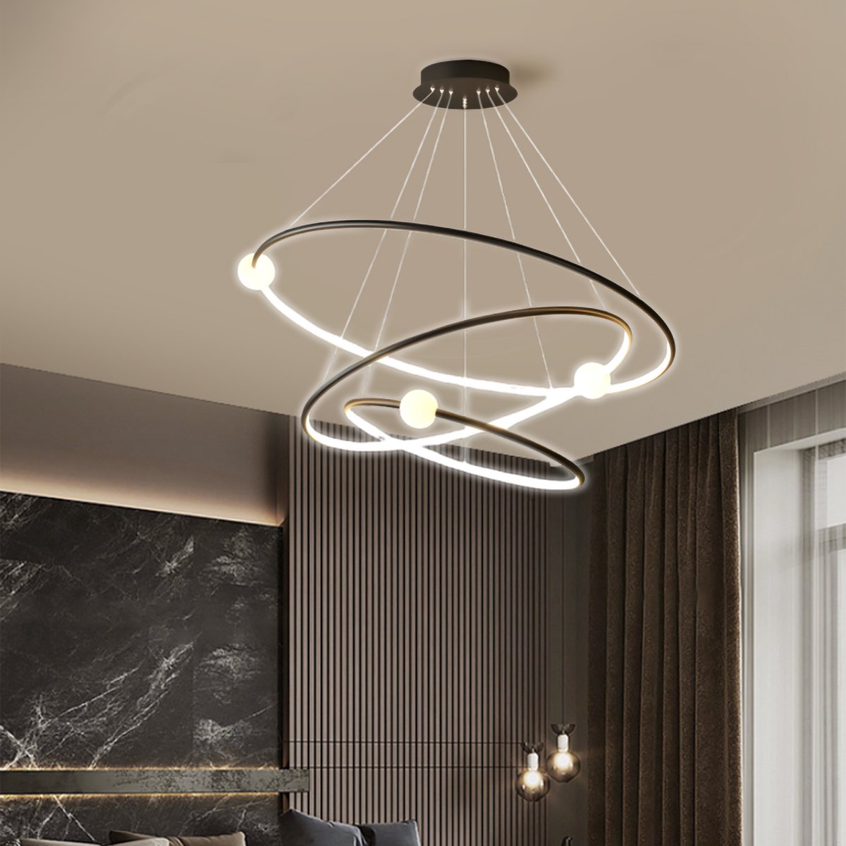 CHIWIN Hanglamp - 3 Ringen LED Hanglamp met Afstandsbediening - Dimbaar - Modern Plafondlamp voor Eettafel - Verstelbare Hoogte 120 cm - Retro Kantoorlamp - Ø20+35+55 cm