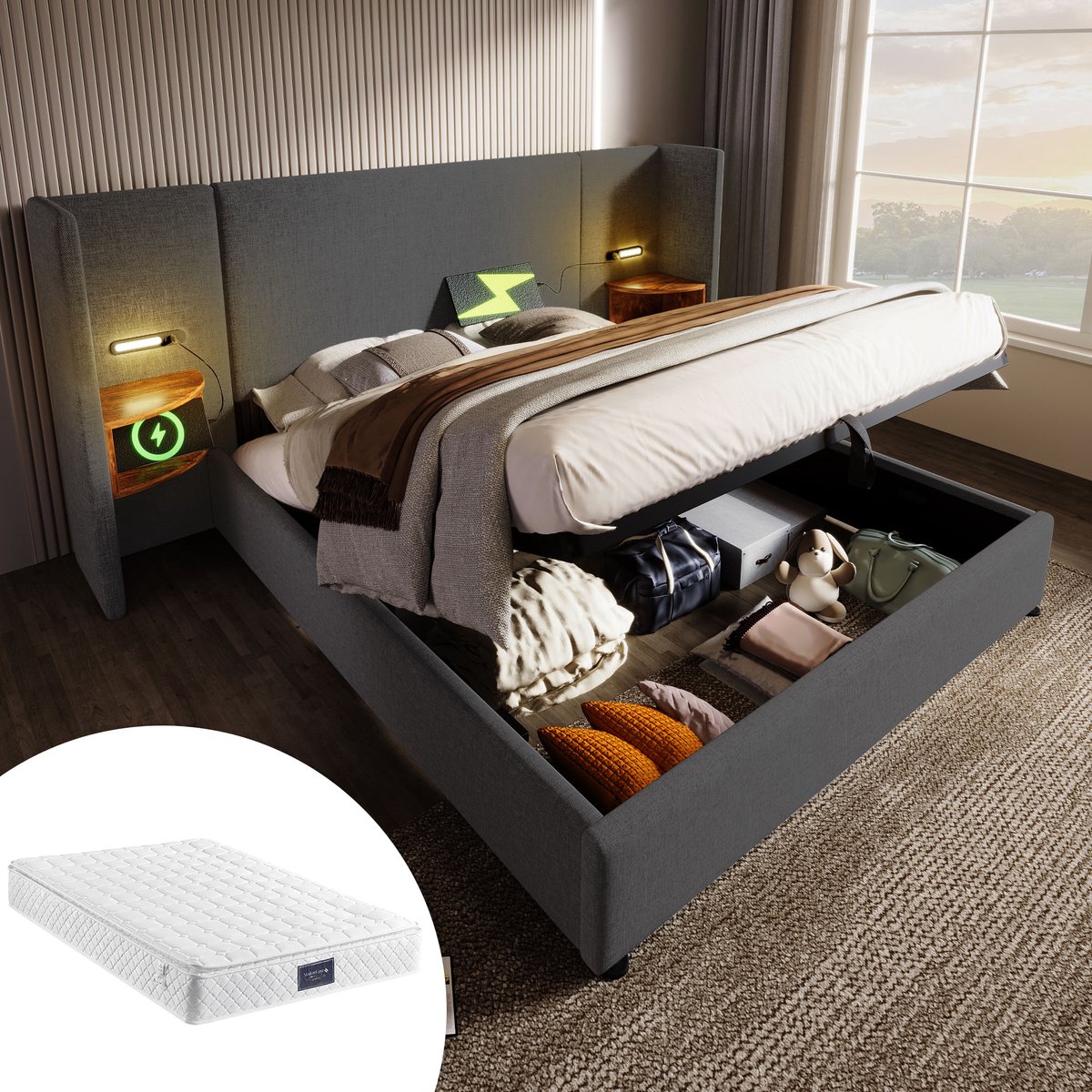 REDOM Opbergbed 160x200 cm – Linnen grijs – Met nachtplank, touch leeslamp & 2x USB + 2x T