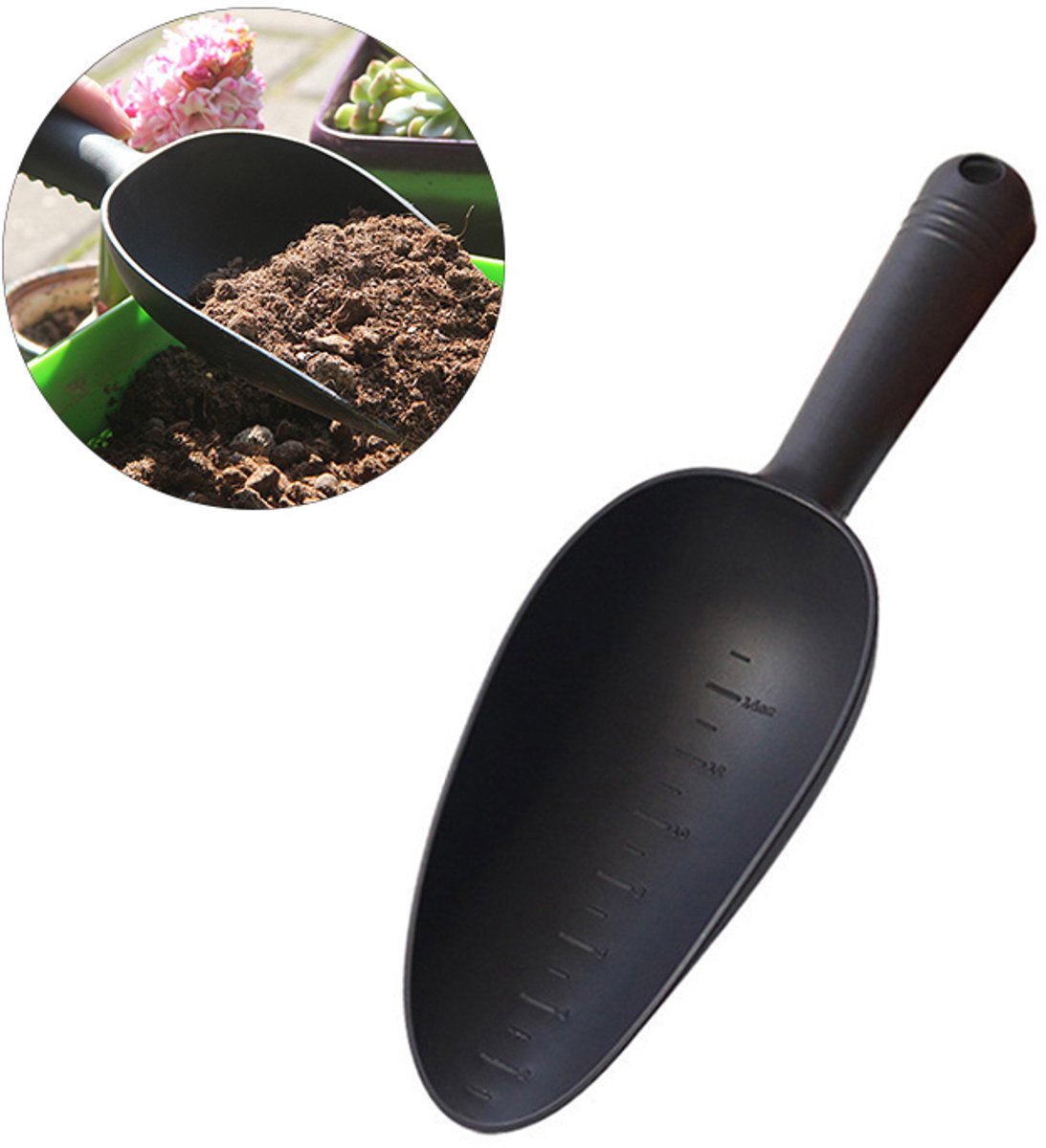 Tuinschep - Potgrondschep - Graafschep - Kunststof tuinschep - Antislip handvat - 30*9cm - Tuingereedschap -Met schaalverdeling - Geschikt voor het losmaken van grond, graven, planten van zaailingen, verplanten, wieden - Zwart