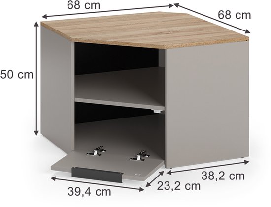 Afmetingen van een grijze VICCO Wido hoekkast met houtlook blad, open vak en lade.