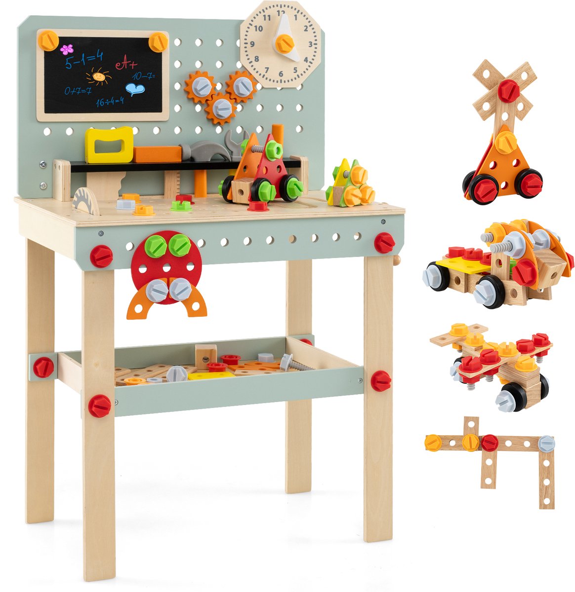 COSTWAY Werkbank voor kinderen, hout, gereedschapsbank met bord en doe-het-zelfset, kindergereedschapsbank met accessoires en plank, speelgoedwerkbank, werkplaats voor kinderen vanaf 3 jaar