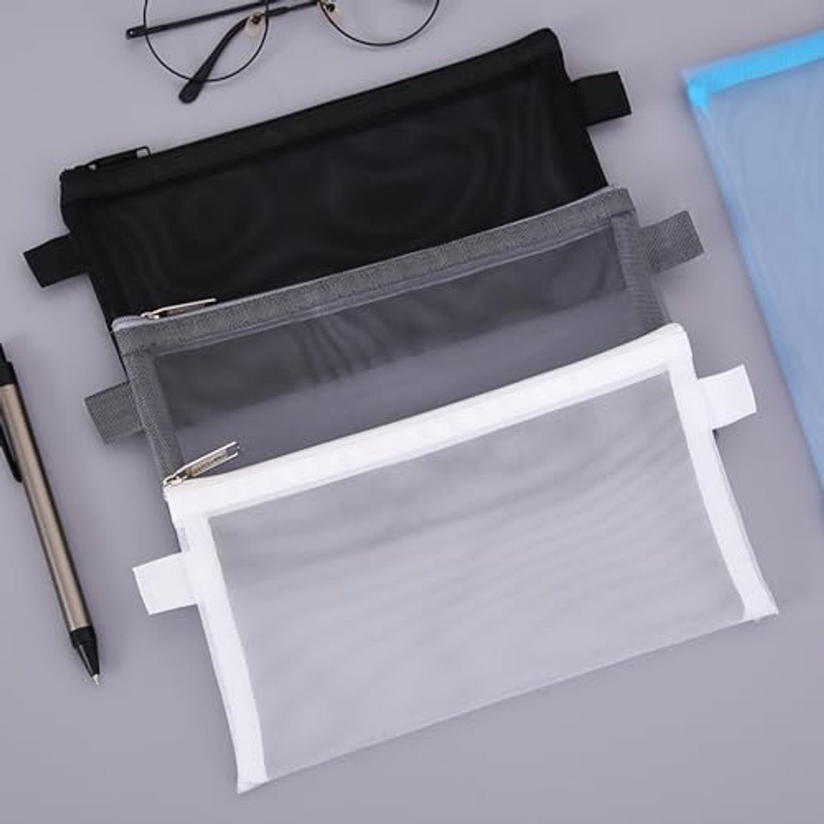 3-delige transparante etui, mesh, slank mini-etui - gemakkelijk mee te nemen, zwart, met ID-kaartvak