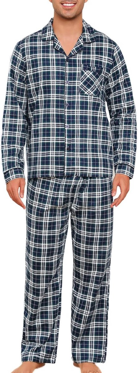 Heren Pyjama Lange Mouw Katoen Geruit Flannel Comfortabele Nachtkleding Winter