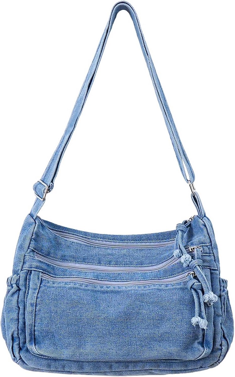 Grote Denim Tote Bag Dames - Ruime Hobo Schoudertas met Verstelbare Crossbody Riem