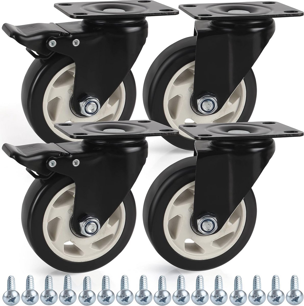 Zware Zwenkwielen Set van 4 - 100mm Rubber Wielen met Remmen en Schroeven - Tot 320kg Capaciteit - Perfect voor Trolleys en Meubels