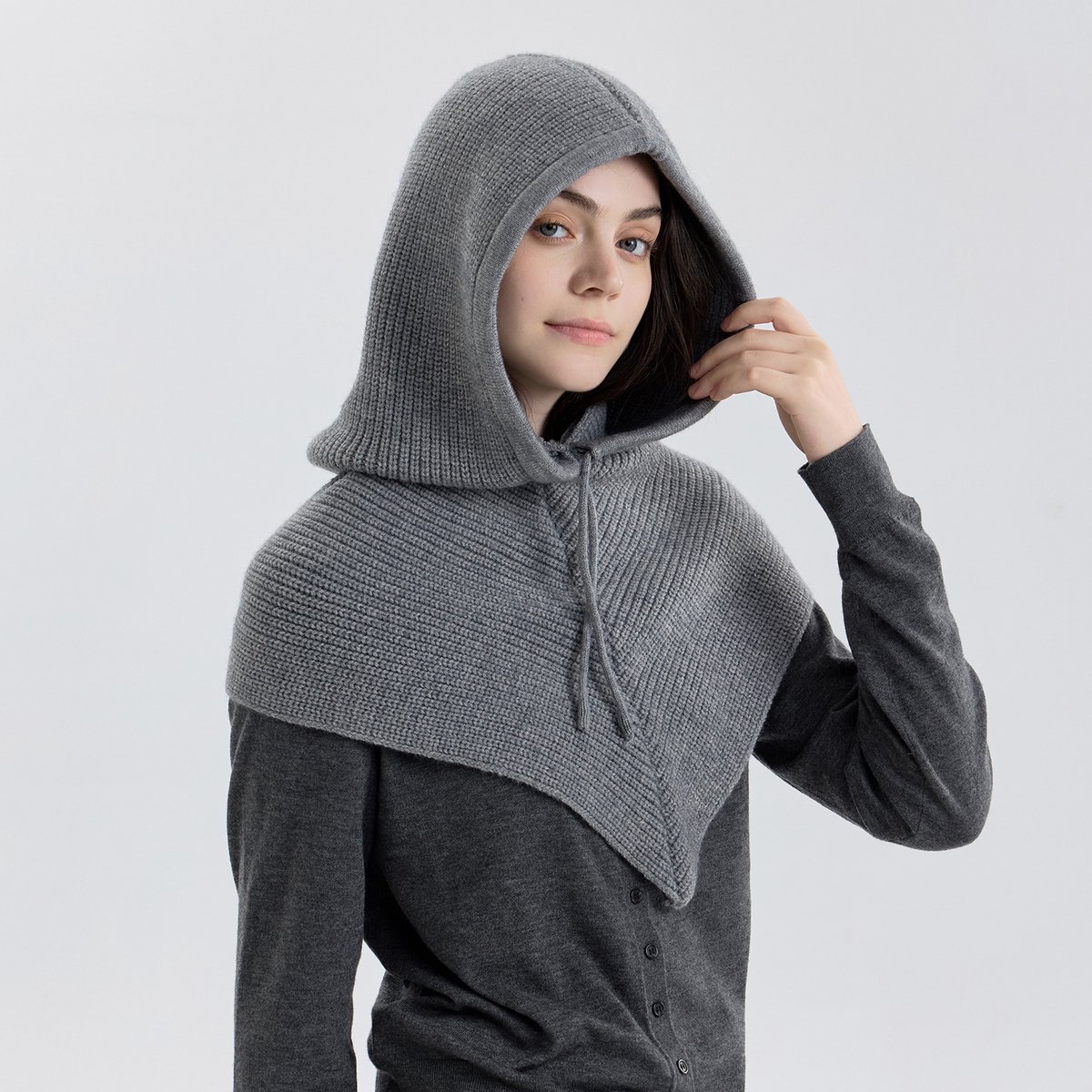 MAGICSHE 2-In-1 Bivakmuts Met Capuchon Sjaal Dames, Winddichte Gebreide Muts Met Sjaal, Slouchy Nekwarmer Balaclava Muts Grijs