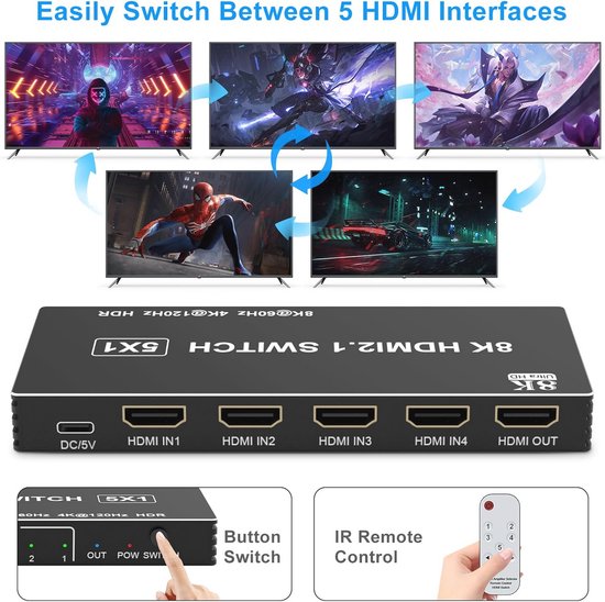 HDMI switch 4K - 3 ingangen 1 uitgang - HDMI schakelaar - 4K@60hz - mét HDMI switch 4K - 3 ingangen 1 uitgang - HDMI schakelaar - 4K@60hz - mét