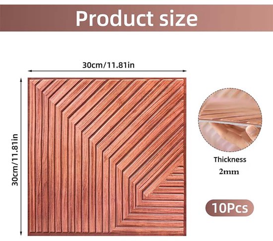 Panneaux muraux 3D autocollants en bois - Revêtement mural en bois - Autocollants - Panneaux muraux 3D pour décoration murale - Panneau acoustique décoratif - 30x30 cm (Rouge brique)