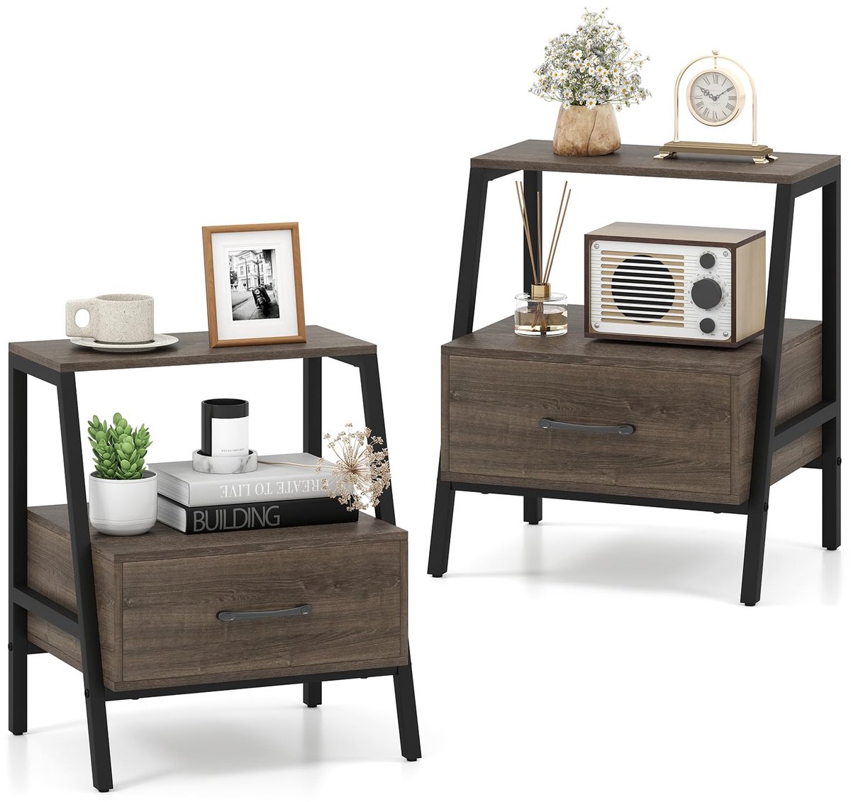 Unyqoos Twee-niveaus nachtkastje met open plank en metalen frame voor slaapkamer Bruin