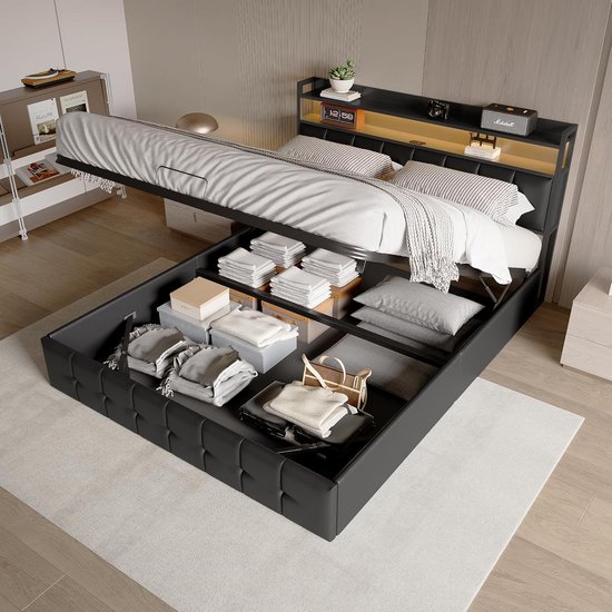 Tweepersoonsbed 140×200 cm met opbergruimte, ledverlichting, USB