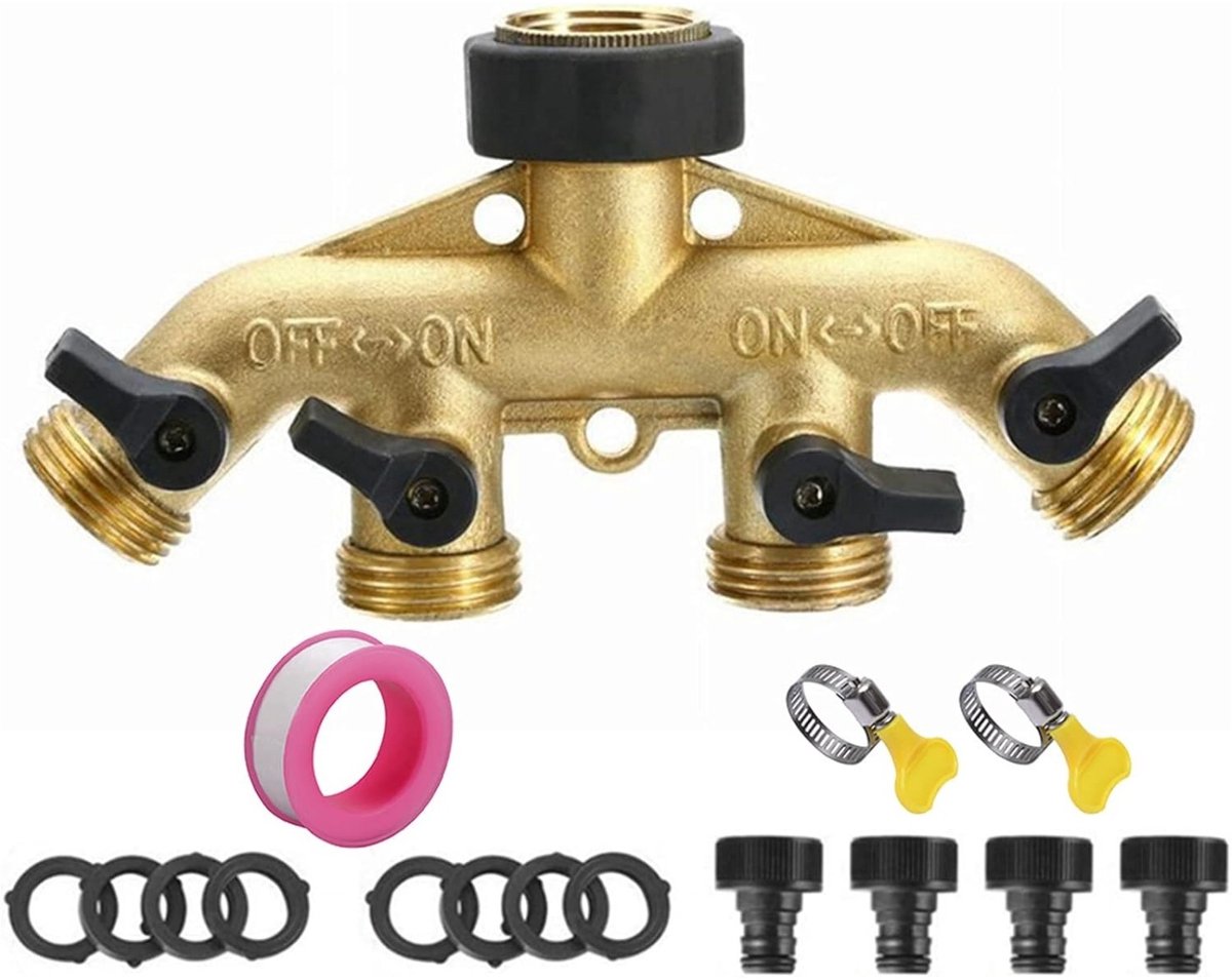 QTTVBTNA Kraan splitter - Messing 4-weg kraanverdeler - Y-stuk 3/4"- Met accessoires - voo