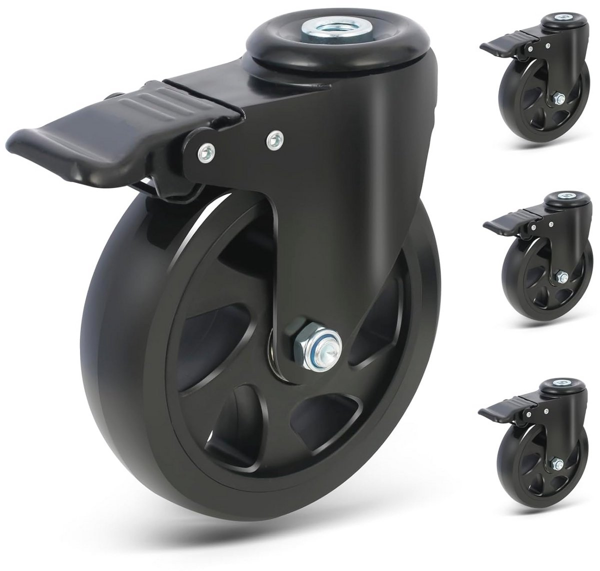 Zwenkwielen met rem - 125 mm, 360 graden rotatie, set van 4 zware transportwielen met hoog draagvermogen