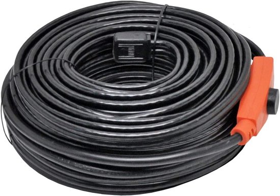 Zwarte warmtekabel, opgerold, met een zwarte vierkante doos en oranje aansluiting.