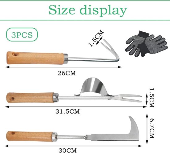 Onkruidsteker Set van 3 - Handgereedschap voor Tuinieren met Antislip Handschoenen - Ideaal voor Wieden en Graven van Merkloos	 — afbeelding 5