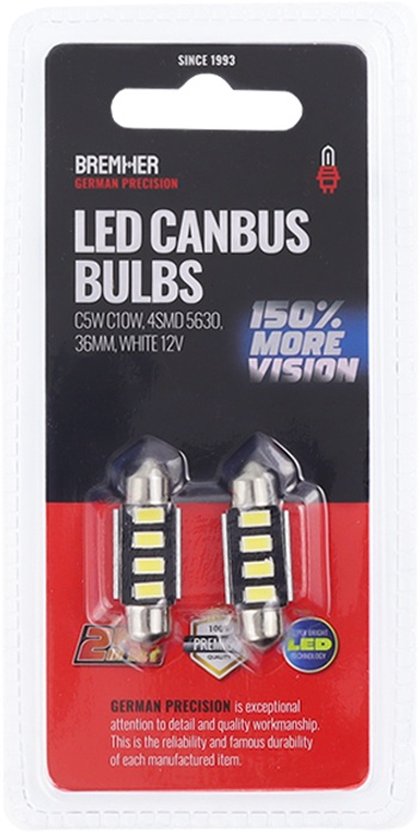 Verpakking met twee 36mm witte LED CANbus lampen van GMP, met '150% More Vision' tekst.