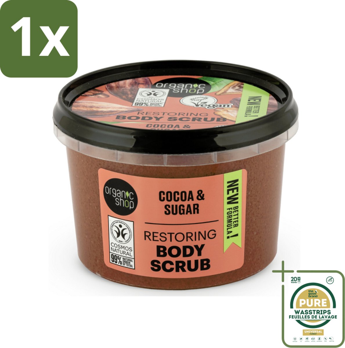 1 x Organic Shop - Body Scrub Cocoa - Rijke Hydratatie - 250 ml- Bodyscrub - Cacaoscrub - Exfoliatie - Huidverzorging - Natuurlijke Scrub