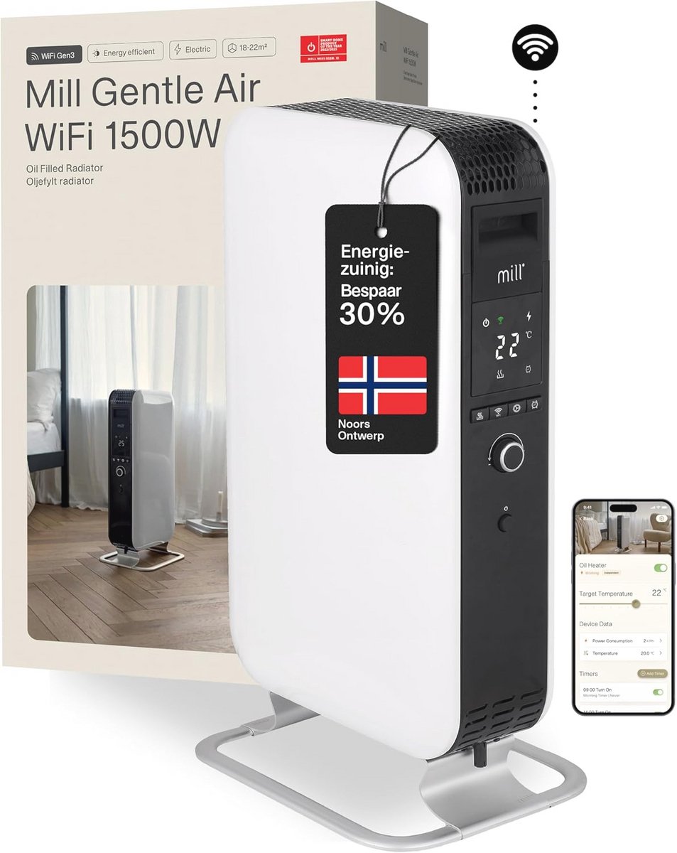 Stille en energiezuinige elektrische radiator 1500W met wifi en app - ideaal voor ruimtes tot 22 m²