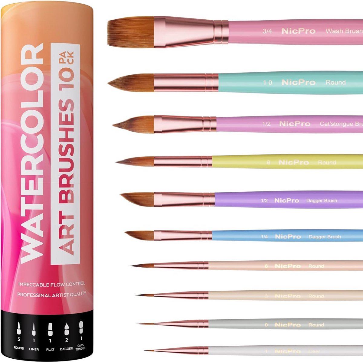 10 Stuks Esthetische Pastelkleurige Aquarelpenselen Set voor Volwassenen en Beginners