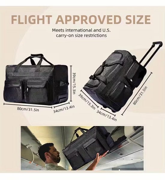 Uitbreidbare Duffel Tas met Wielen - Grote Capaciteit, 360° Spinnerwielen & Voorzak – S (25L)
