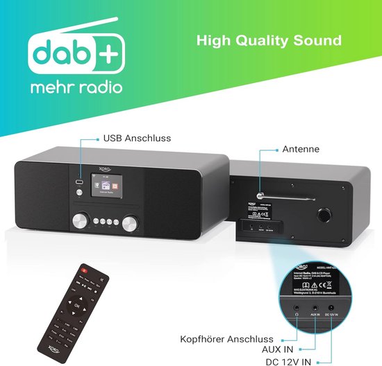XORO HMT 620 All-in-One stereo internetradio met cd-speler, DAB+/FM-radio, wifi, Bluetooth, Spotify Connect, MP3 USB-speler, netwerkstreaming, app-bediening, zwart — afbeelding 4