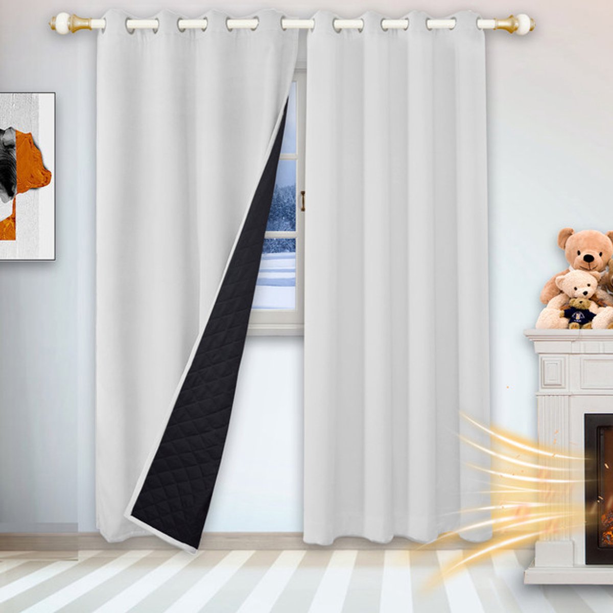 MUPOO isolerend thermisch gordijn met ringen – 405gsm verduisterend quilted raamgordijn tegen kou, hitte en geluid, voor woonkamer en slaapkamer, 1 stuks, wit, B132×L213cm