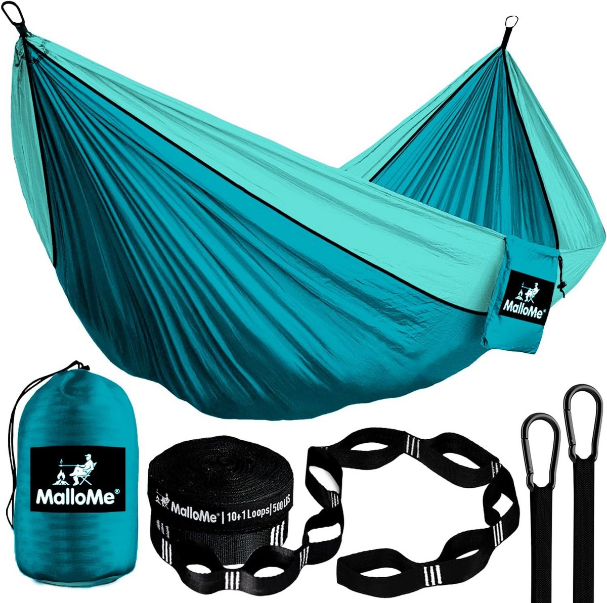 MalloMe Eenpersoons hangmat (285 x 140 cm) ultralichte reis-campinghangmat voor outdoor 2 personen of 1 kinderen en volwassenen ademend waterdicht parachutenylon, incl. premium karabijnhaken