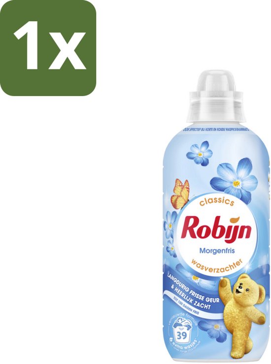 Fles Robijn Morgenfris wasverzachter met "1x" icoon. Blauwe bloemen en teddybeer op etiket.