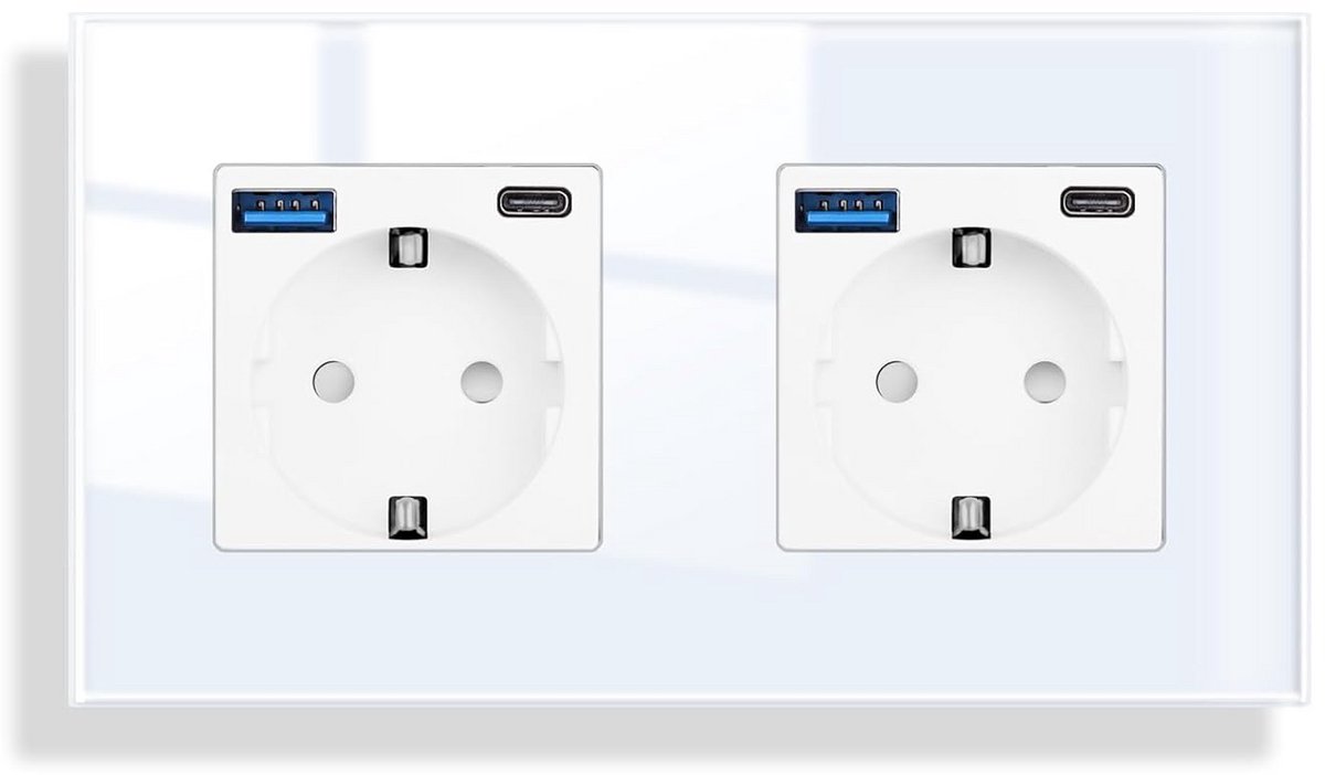 Dubbel stopcontact met USB - Snel opladen, inbouw, 2 vakken, 16 A, 20 W