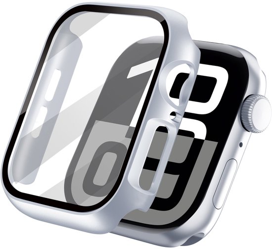 Zilveren smartwatch case met ingebouwde screenprotector, met deksel eraf.