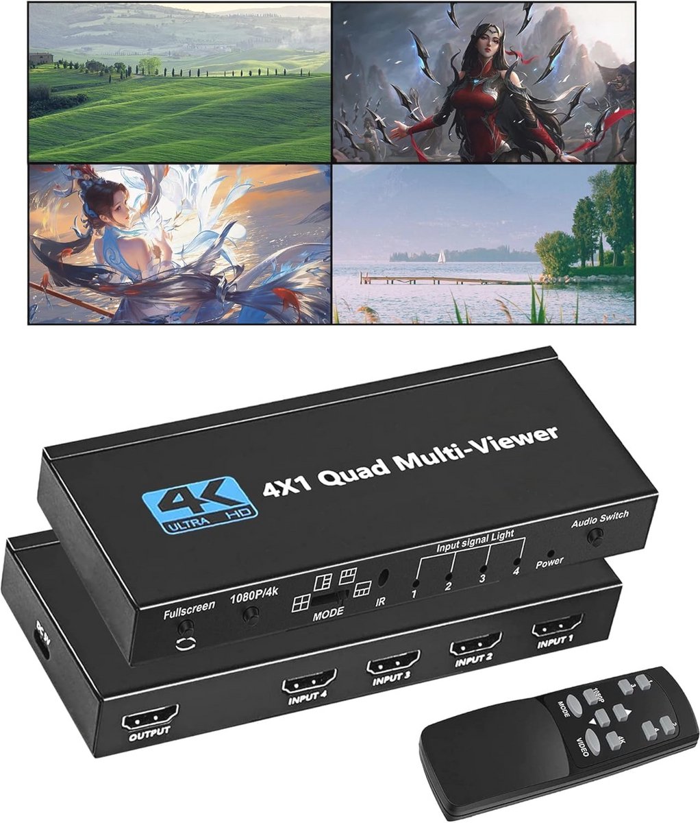 4K HDMI Multiviewer Switch 4x1 - Naadloze Overgang en 5 Weergavemodi voor Gaming en Beveiligingscamera's
