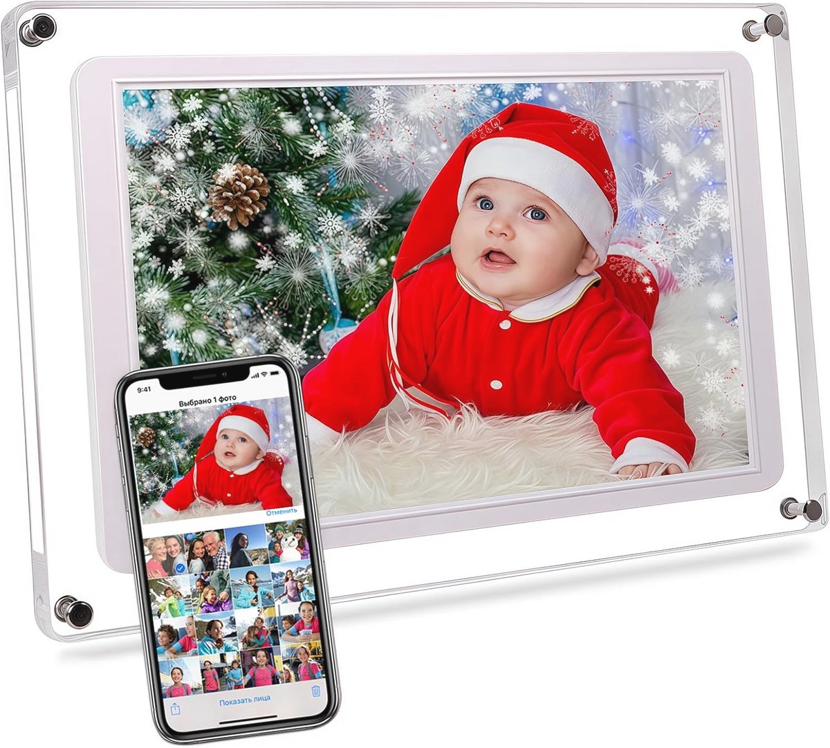 Frameo 10,1 inch wifi acryl digitale fotolijst live foto video frame, 32 GB geheugen, 1280 x 800 IPS LCD-touchscreen elektronische diavoorstelling fotolijst, direct draadloos foto's delen van overal