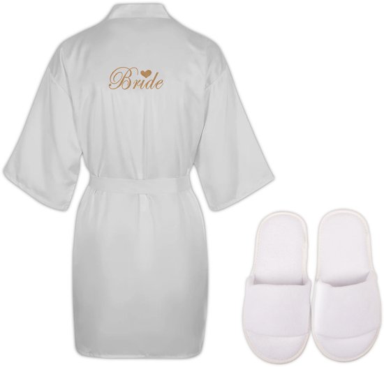 Bride Kimono/Ochtendjas + Bride Slippers Set ,Kimono Opdruk, Trouwen, Bruiloft, Wit, (S-M)