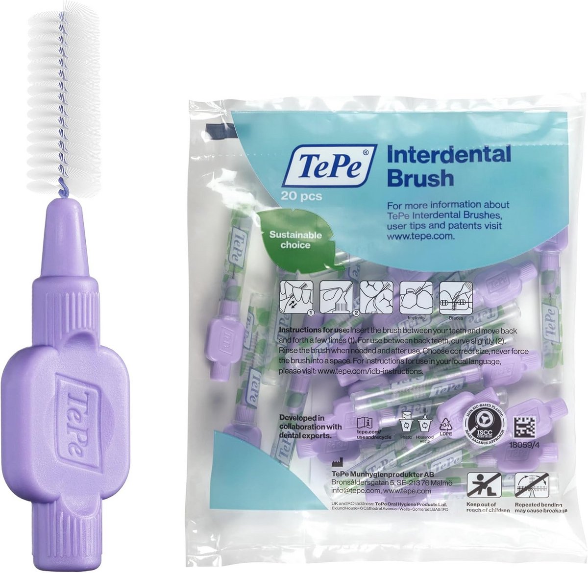TePe Angle Interdentale rager, Groen, 0.8mm/ISO 5, 20st, plakverwijderaar, gemakkelijke en efficiënte reiniging tussen tanden en kiezen, floss voor smalle tussenruimten