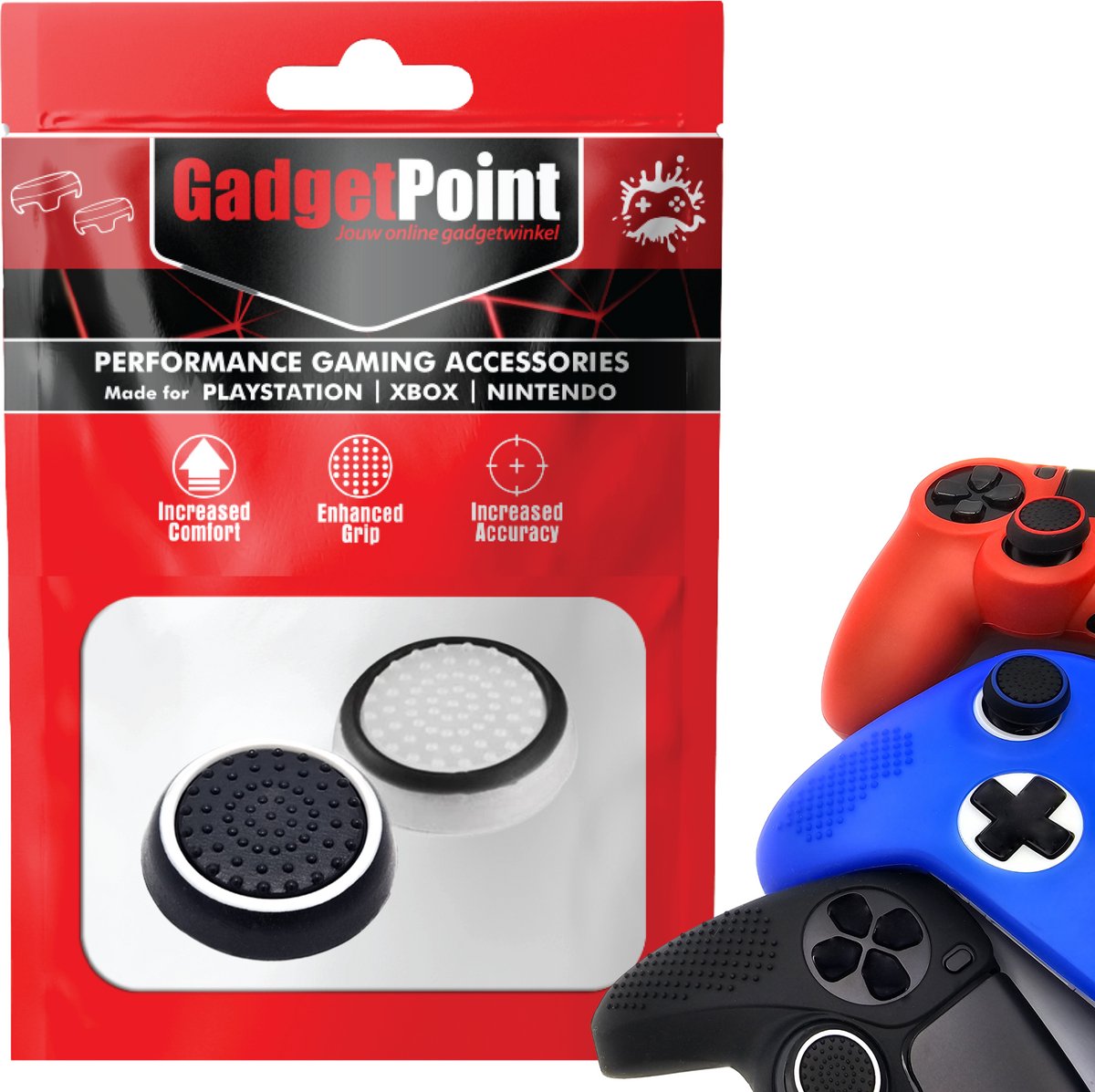 Gadgetpoint - Thumb Grips voor PlayStation, PS5, Xbox X/S, One & Switch Pro Controller - Gaming Thumbgrips - Performance Anti-Slip Thumbsticks - Bescherming Accessoires - Wit Zwart/Zwart Wit